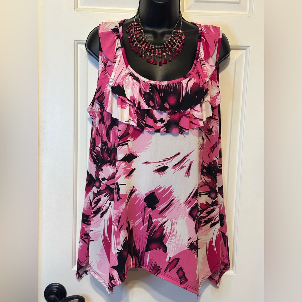 💙ST35-Dressbarn Pink Asymmetrical Ruffled Tank Top